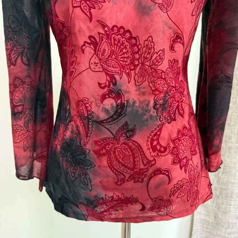 Sami & Jo Y2K Burnout Velvet Top S Red Black Fairy Grunge Flare Sleeve Beaded